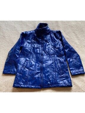 VTG Tudor Court by Haband BLUE PATCHWORK Leather Jacket Women's M 80s 90s Moto